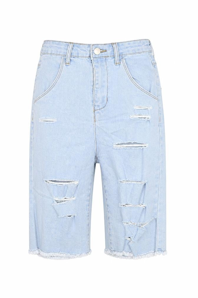 Front view of Lasula women’s blue denim cut-off shorts, size UK 6