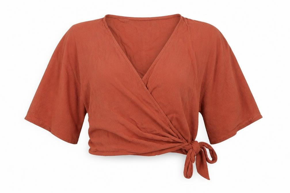 Front view of Iisla & Bird women’s orange cropped blouse, size UK 6