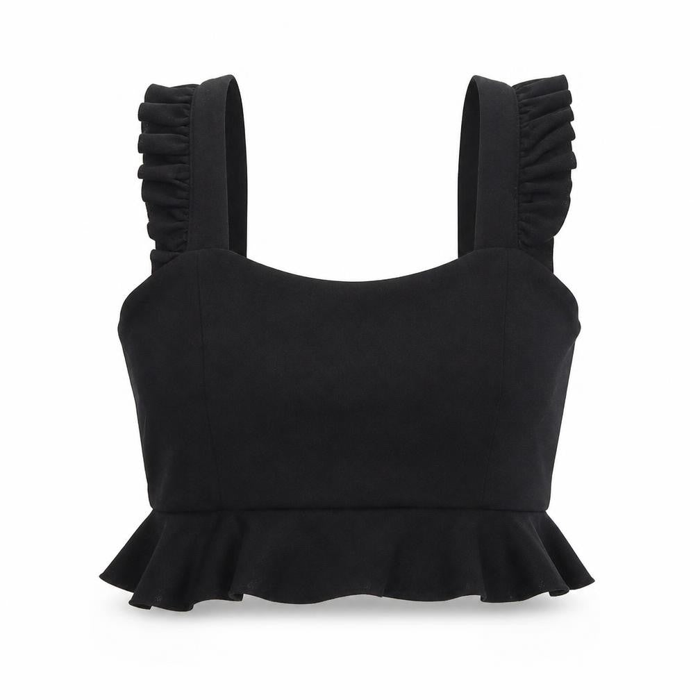 Front view of Vera & Lucy women’s black cropped tank, size M