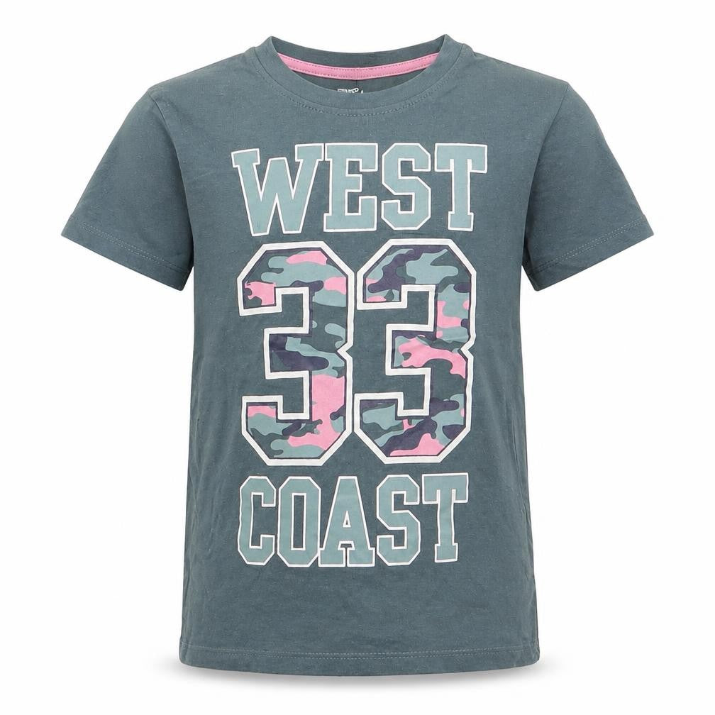 Front view of Pep&Co girls’ green basic t-shirt, size 6-7, years - west 33 coast