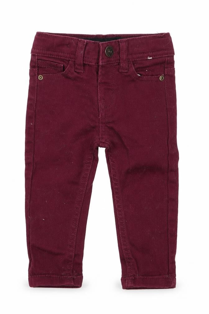 Front view of Denim Co boys’ red jogger jeans, size 6-9, months