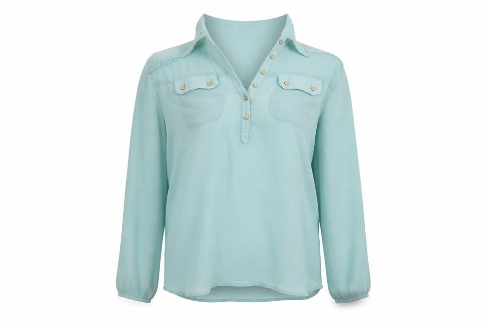 Front view of Atmosphere women’s green basic button-up, size UK 12