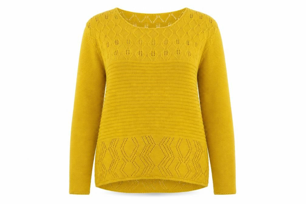 Front view of Pulse women’s yellow argyle/diamond jumper, size M