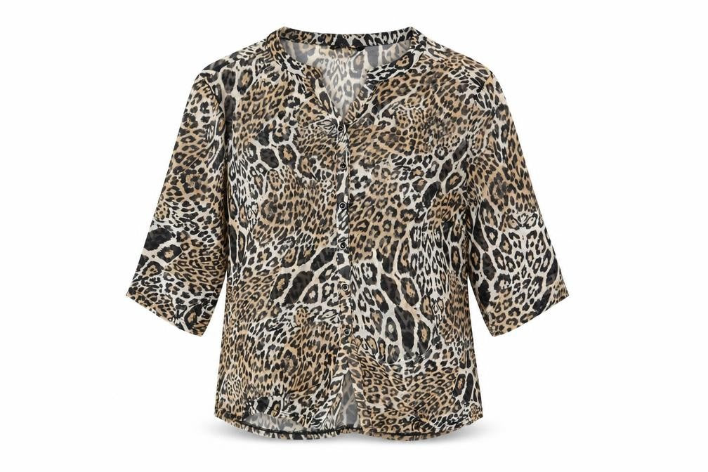 Front view of Miladys women’s brown animal print basic blouse, size M