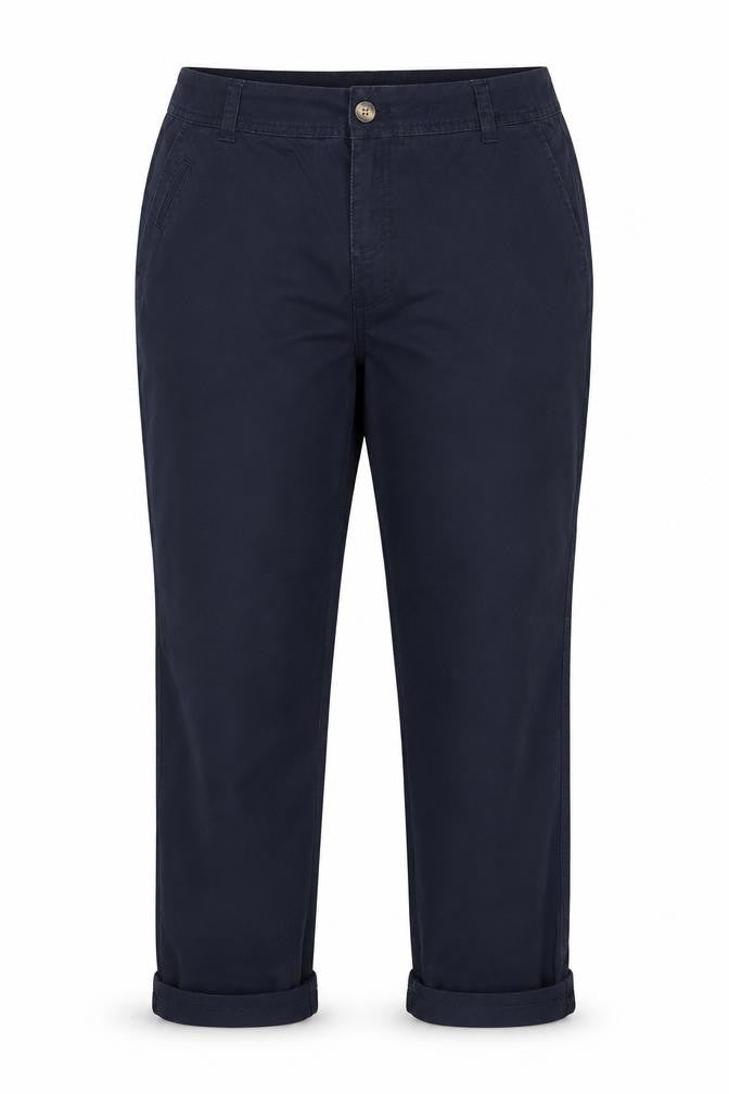 Front view of Woolworths women’s blue trousers, size UK 16, 26-inch leg