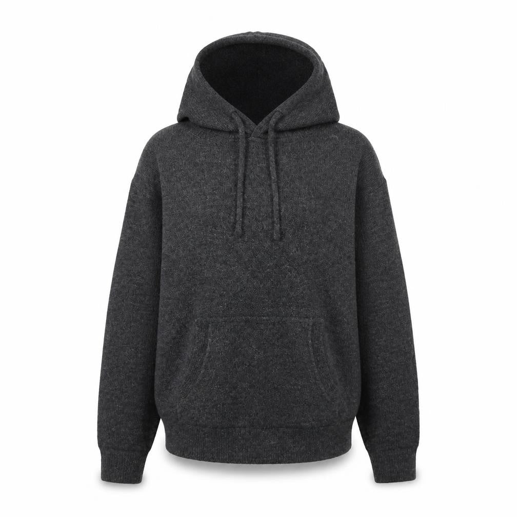 Front view of women’s grey pullover hoodie, size M