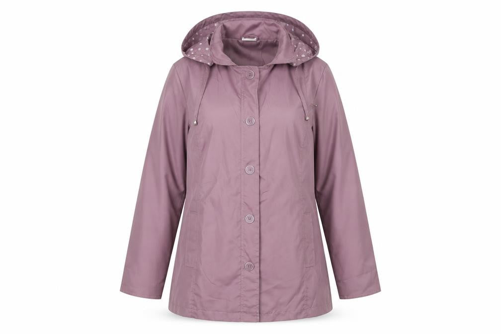 Front view of Anne De Lancay women’s purple parka coat, size UK 14