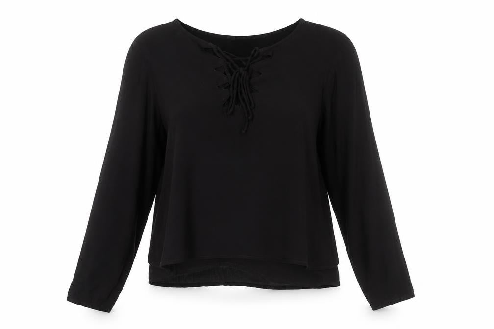 Front view of Miss Selfridge women’s black basic t-shirt, size UK 12