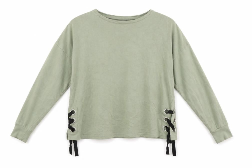 Front view of Pep&Co women’s green pullover sweatshirt, size UK 14, - laced