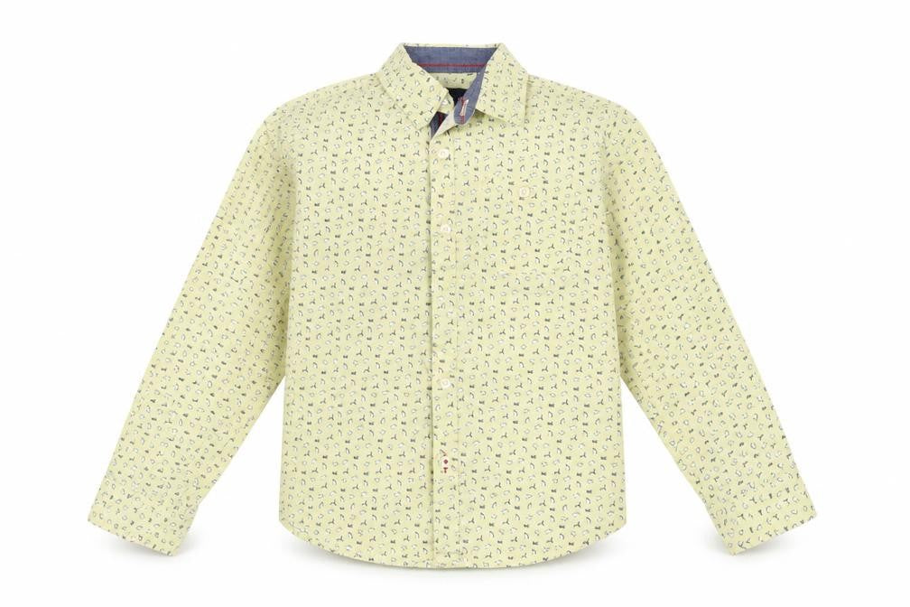 Front view of Pink & Blue boys’ yellow basic button-up, size 5-6, years - penguin print