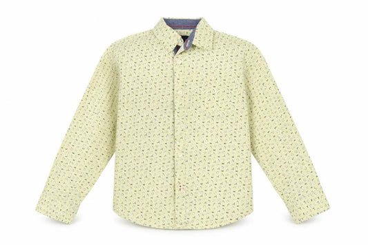 Front view of Pink & Blue boys’ yellow basic button-up, size 5-6, years - penguin print