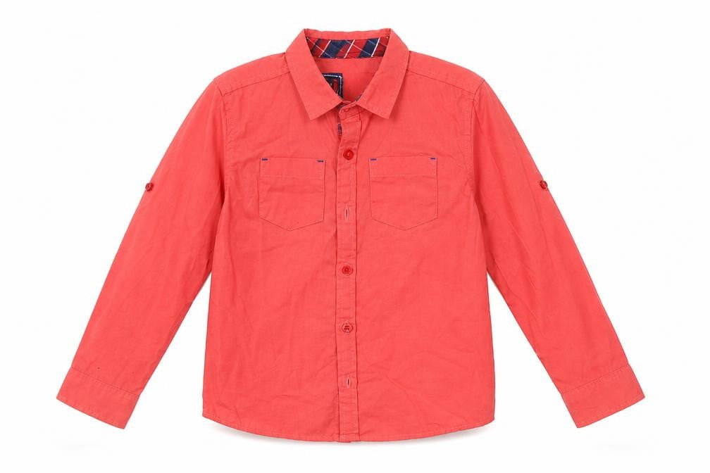 Front view of Frendz boys’ red basic button-up, size 3-4, years