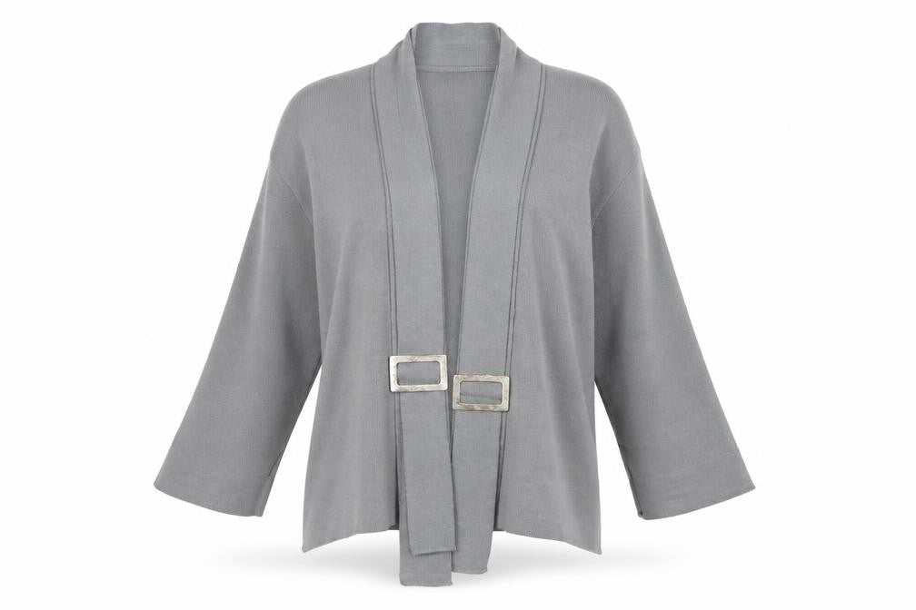 Front view of LA CONFIDENCE women’s grey cardigan jumper, size S