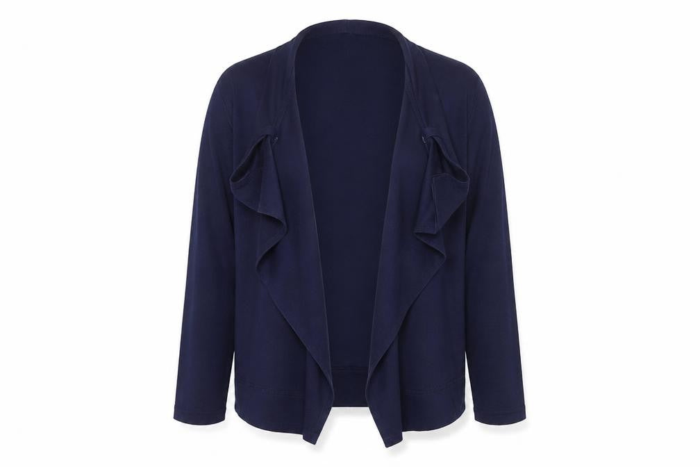 Front view of Bonmarché women’s blue cardigan jumper, size UK 12