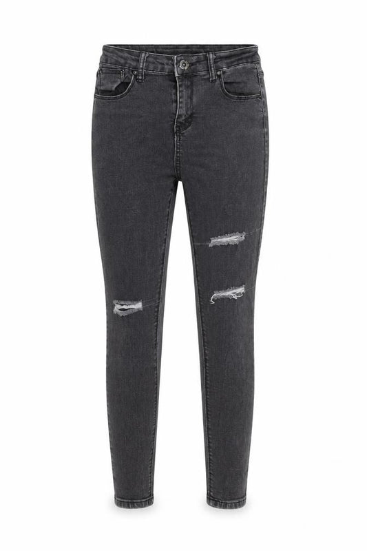 Front view of women’s grey denim skinny jeans, size UK 26, 26-inch leg