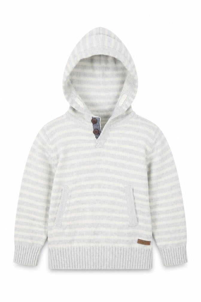 Front view of H&M boys’ grey striped knit pullover hoodie, size 2, years