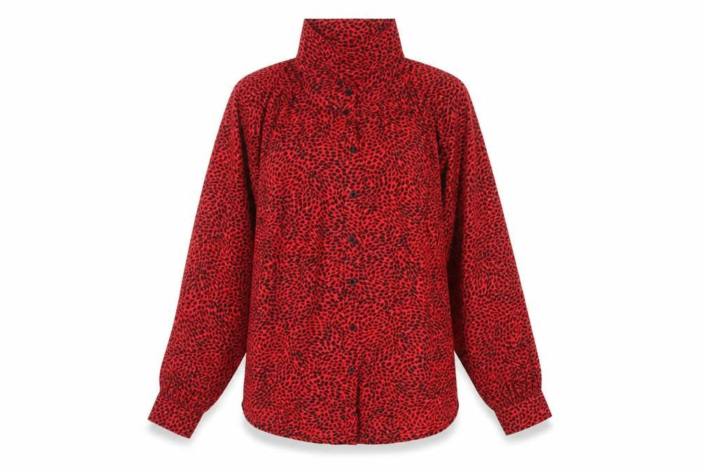 Front view of H&M women’s red geometric basic button-up, size M