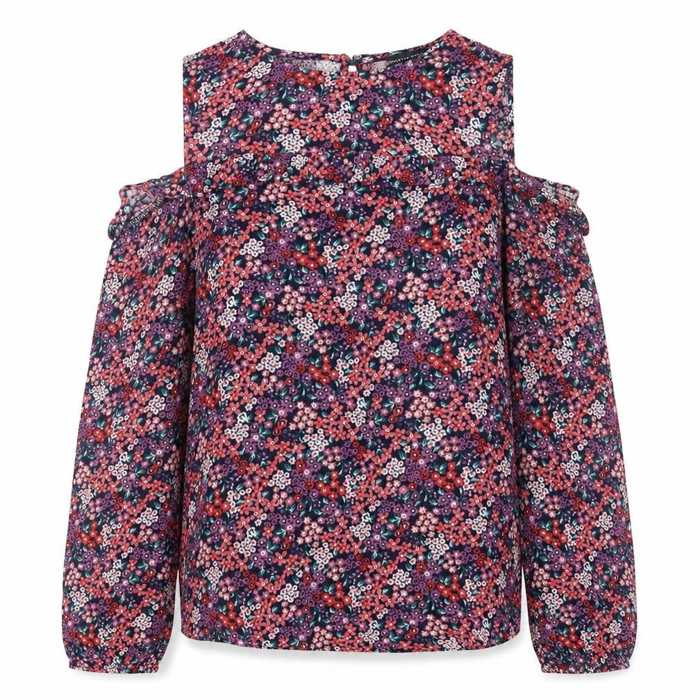 Front view of Dorothy Perkins women’s purple floral basic blouse, size UK 8