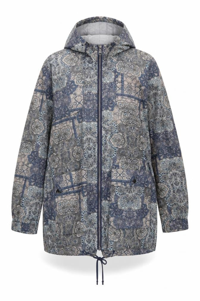 Front view of Next women’s blue geometric jacket coat, size UK 10