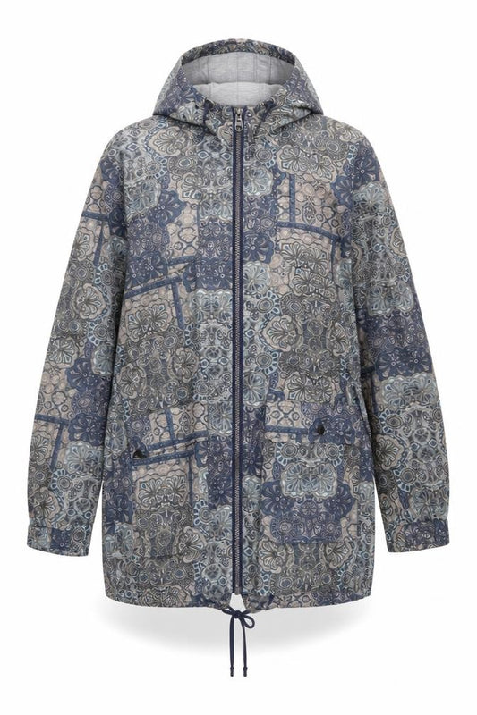 Front view of Next women’s blue geometric jacket coat, size UK 10