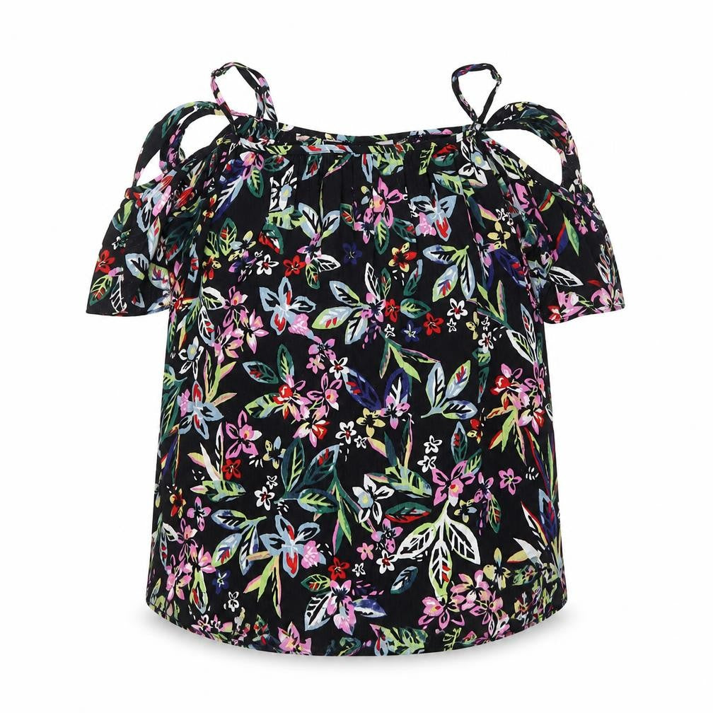 Front view of Dorothy Perkins women’s black floral basic blouse, size UK 8
