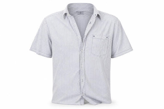 Front view of Next men’s blue striped button-up, size L