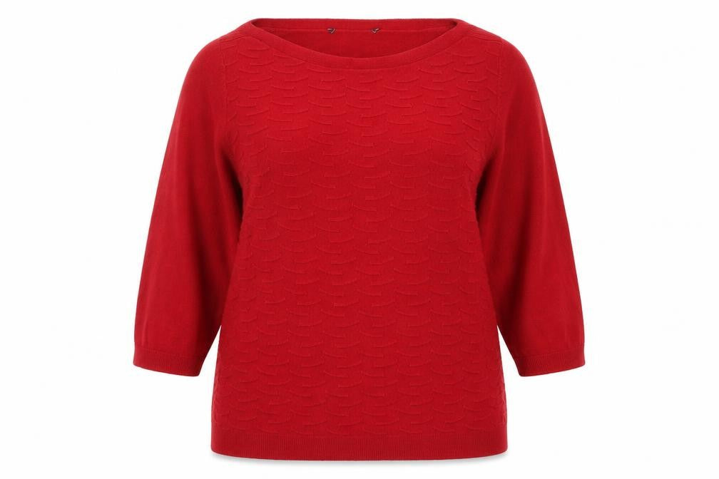 Front view of Preworn women’s red knit jumper, size UK 18