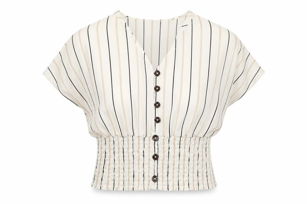 Front view of Active USA women’s white striped basic blouse, size S