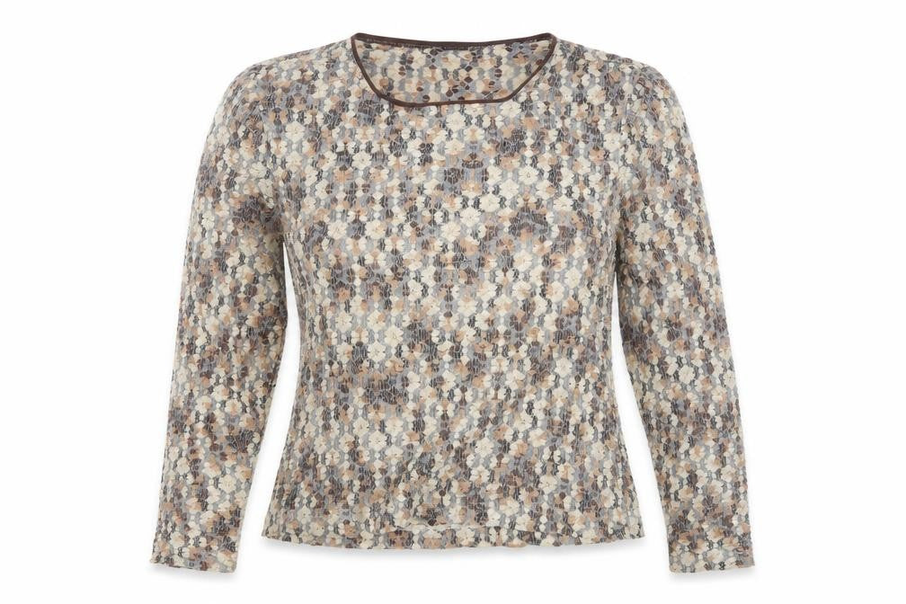 Front view of woolworths women’s multicoloured geometric jumper, size UK 14