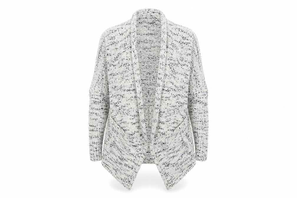 Front view of Atmosphere women’s multicoloured geometric cardigan jumper, size UK 8