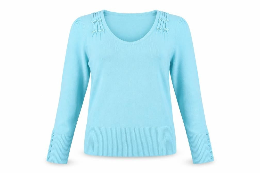 Front view of alexara women’s blue jumper, size S
