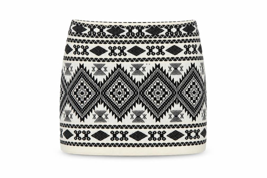 Front view of Topshop women’s multicoloured geometric mini skirt, size UK 6