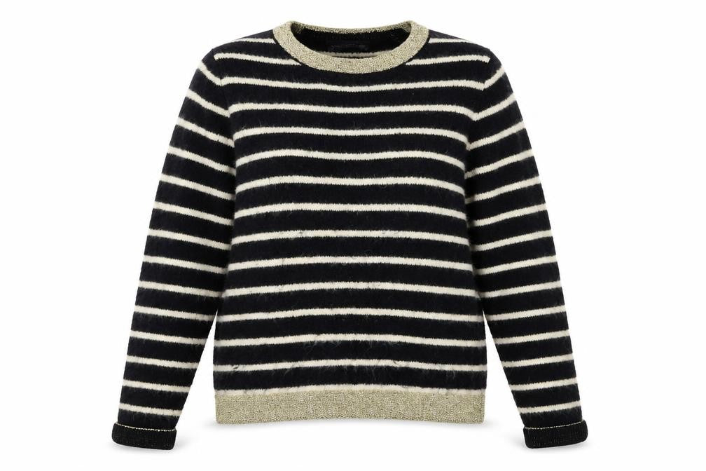 Front view of Marks & Spencer women’s blue striped knit jumper, size UK 12