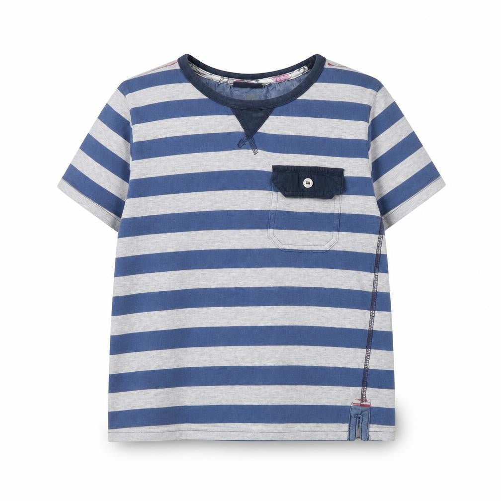 Front view of Next boys’ grey striped basic t-shirt, size 8, years