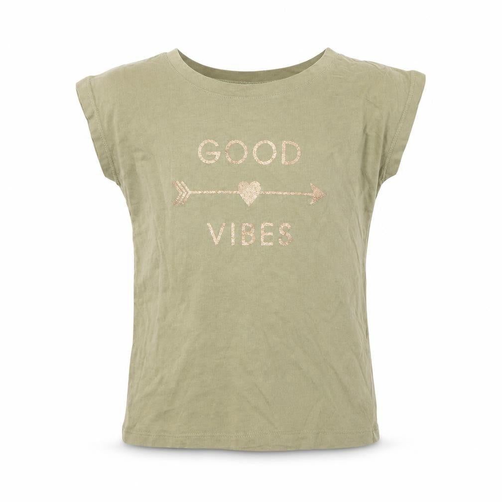 Front view of Preworn girls’ green basic t-shirt, size 7, years - good vibes