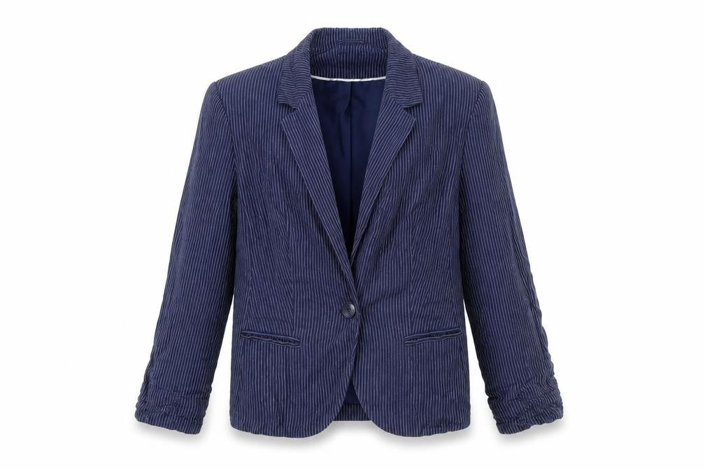Front view of F&F women’s blue striped jacket, size UK 10, - shoulder pads