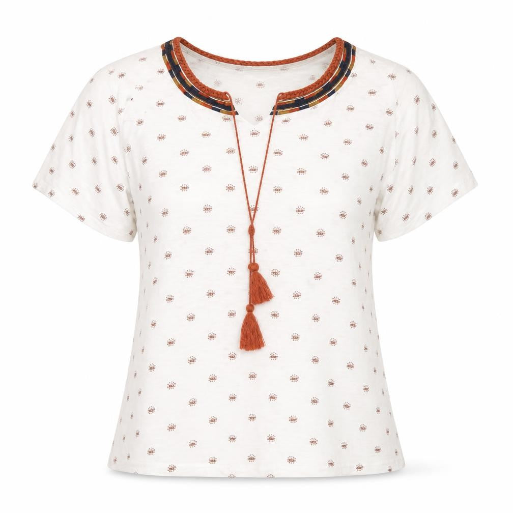 Front view of isle women’s white geometric basic blouse, size M