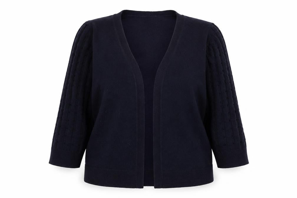 Front view of Papaya women’s blue cardigan jumper, size UK 14