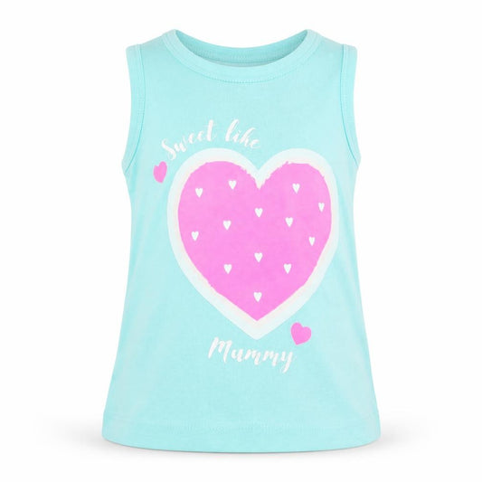 Front view of Primark girls’ blue basic tank, size 9-12, months