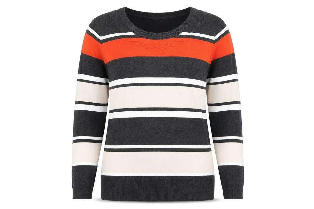 Front view of Country Casuals women’s multicoloured striped jumper, size XL