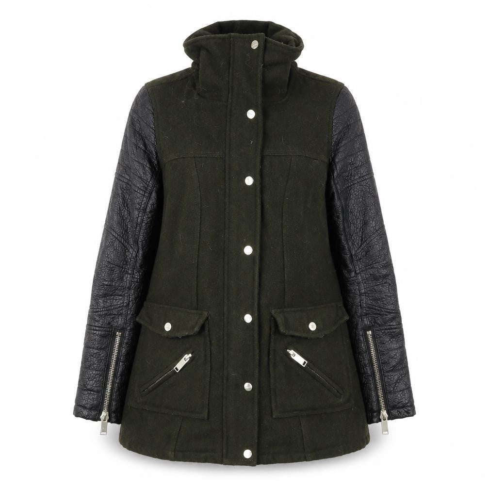 Front view of River Island women’s green jacket coat, size UK 8