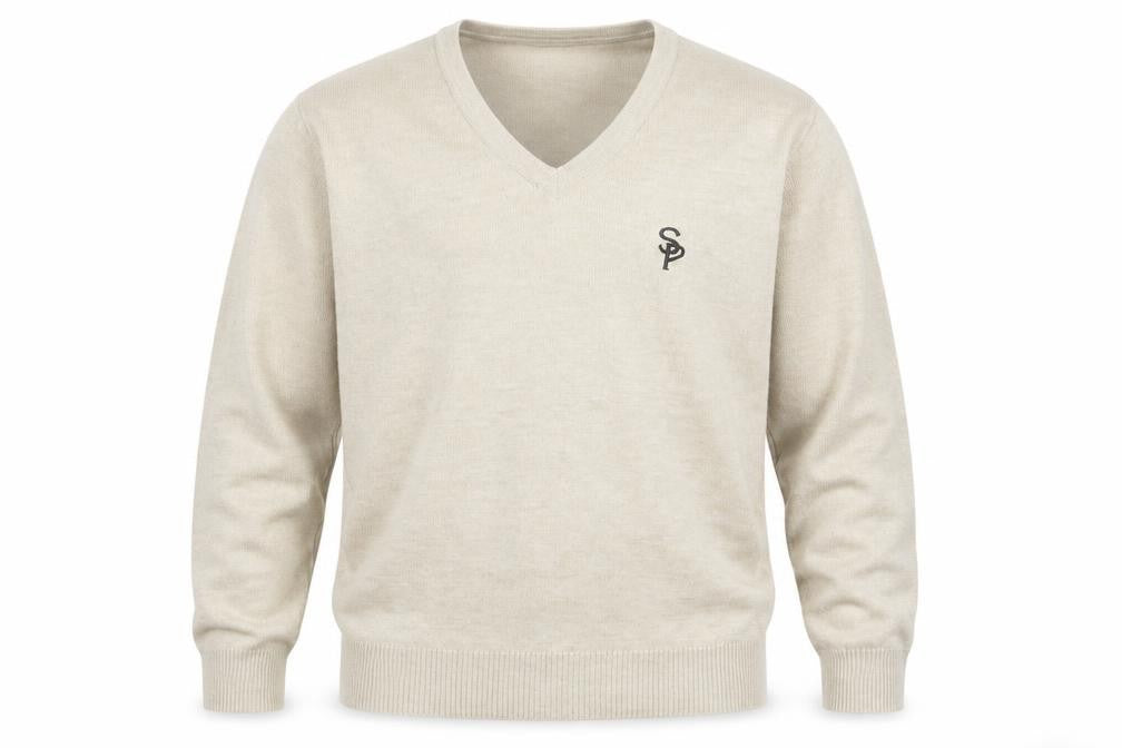 Front view of Balmoral men’s beige knit jumper, size L