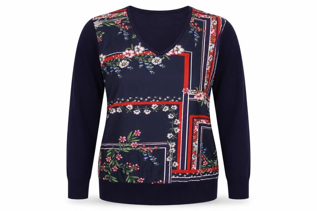 Front view of Yumi women’s blue floral knit jumper, size M, - oversized