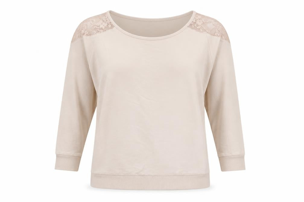 Front view of Jane Norman women’s beige pullover sweatshirt, size UK 10