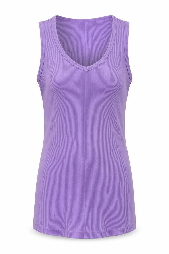 Front view of Jordanna women’s purple basic tank, size S