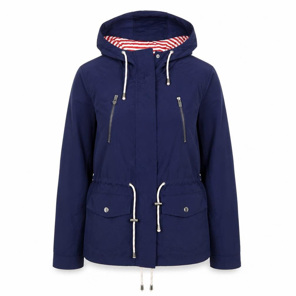 Front view of Atmosphere women’s blue rain coat coat, size UK 8
