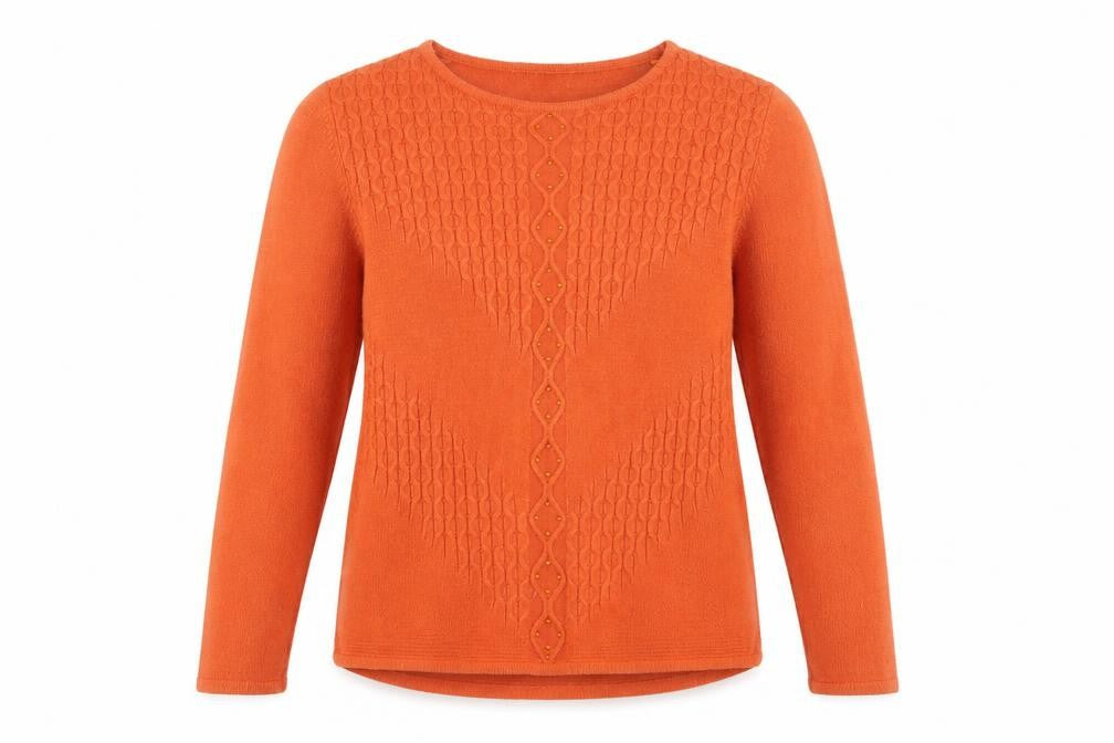 Front view of ANNA ROSE women’s orange geometric knit jumper, size L