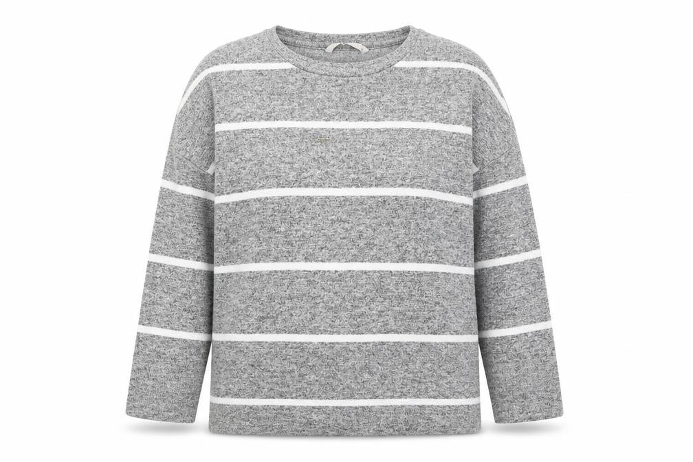 Front view of Tu women’s grey striped jumper, size UK 12