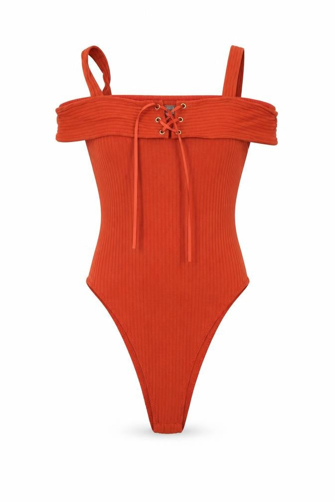 Front view of Primark women’s orange bodysuit one-piece, size UK 6