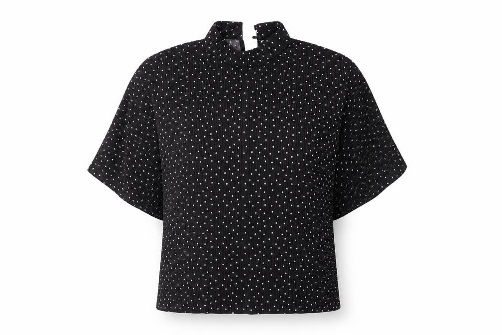 Front view of Jaqueline de Young women’s black polka dot basic blouse, size M